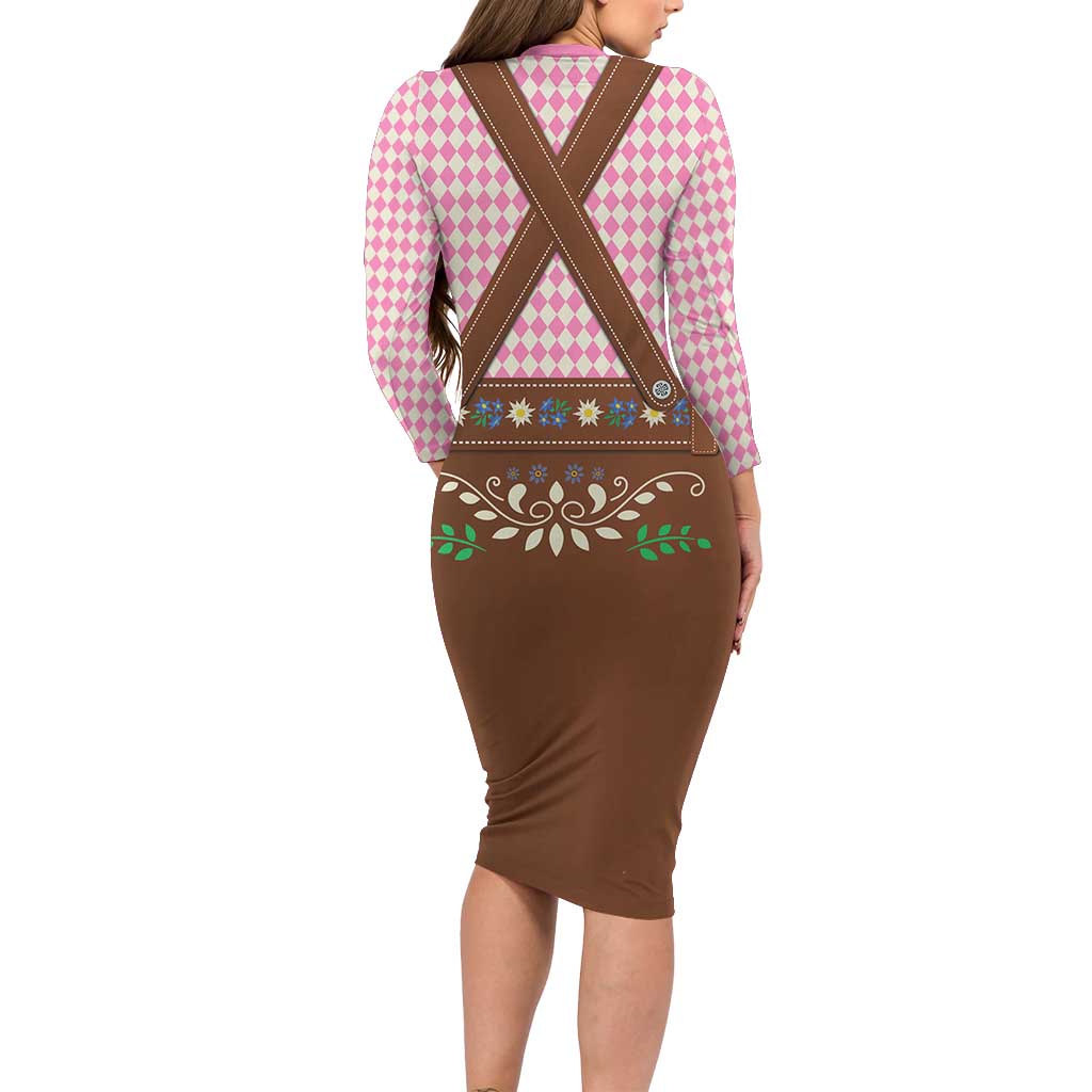 Lederhosen Oktoberfest Long Sleeve Bodycon Dress Pink Edelweiss Floral Polka Dots - Wonder Print Shop