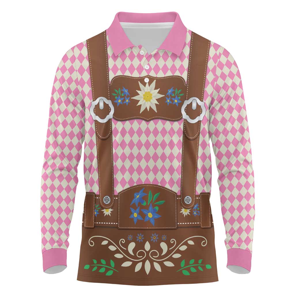 Lederhosen Oktoberfest Long Sleeve Polo Shirt Pink Edelweiss Floral Polka Dots - Wonder Print Shop