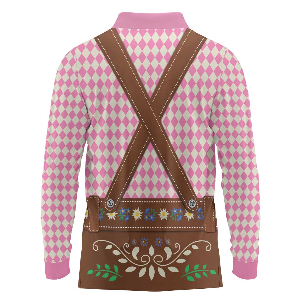 Lederhosen Oktoberfest Long Sleeve Polo Shirt Pink Edelweiss Floral Polka Dots - Wonder Print Shop