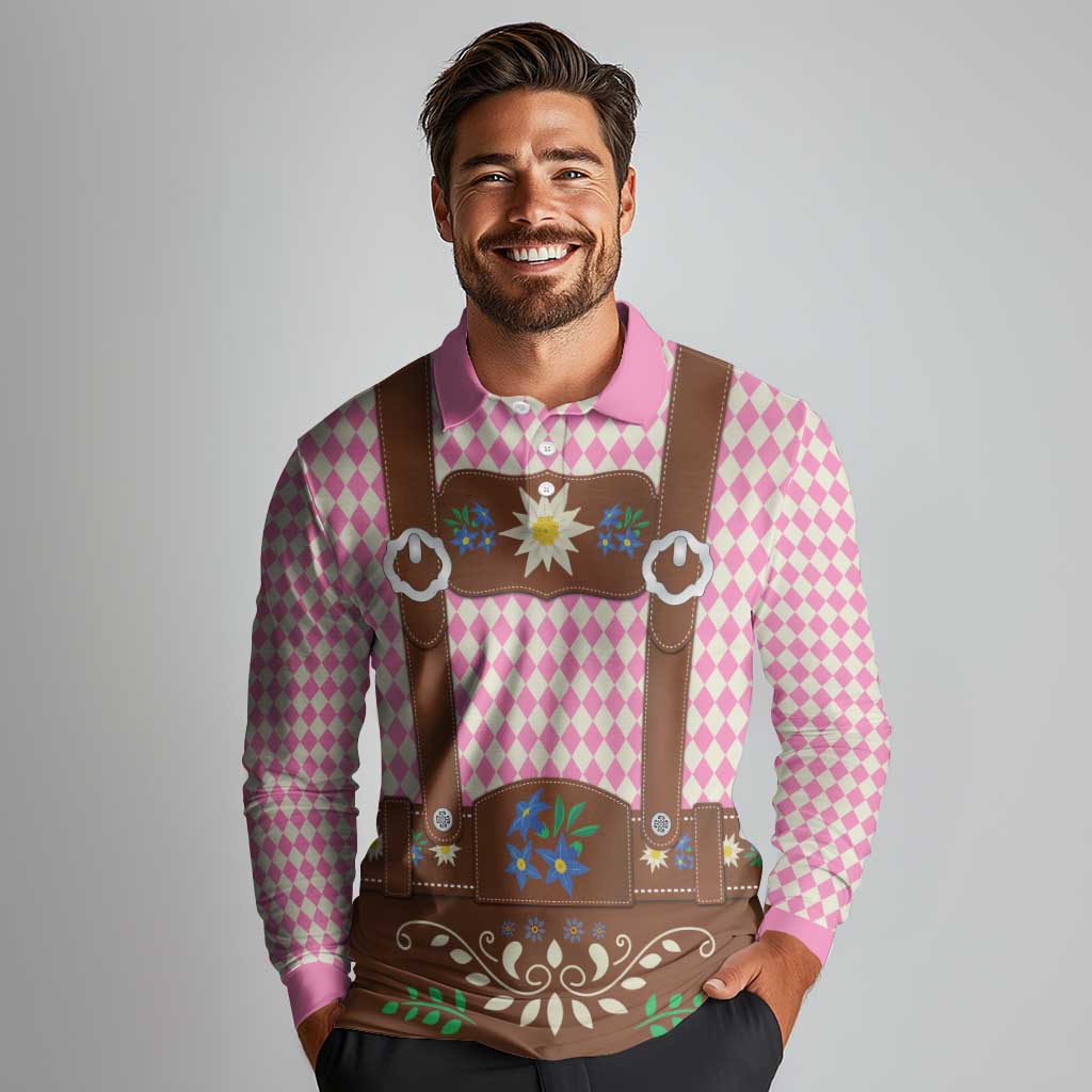 Lederhosen Oktoberfest Long Sleeve Polo Shirt Pink Edelweiss Floral Polka Dots - Wonder Print Shop