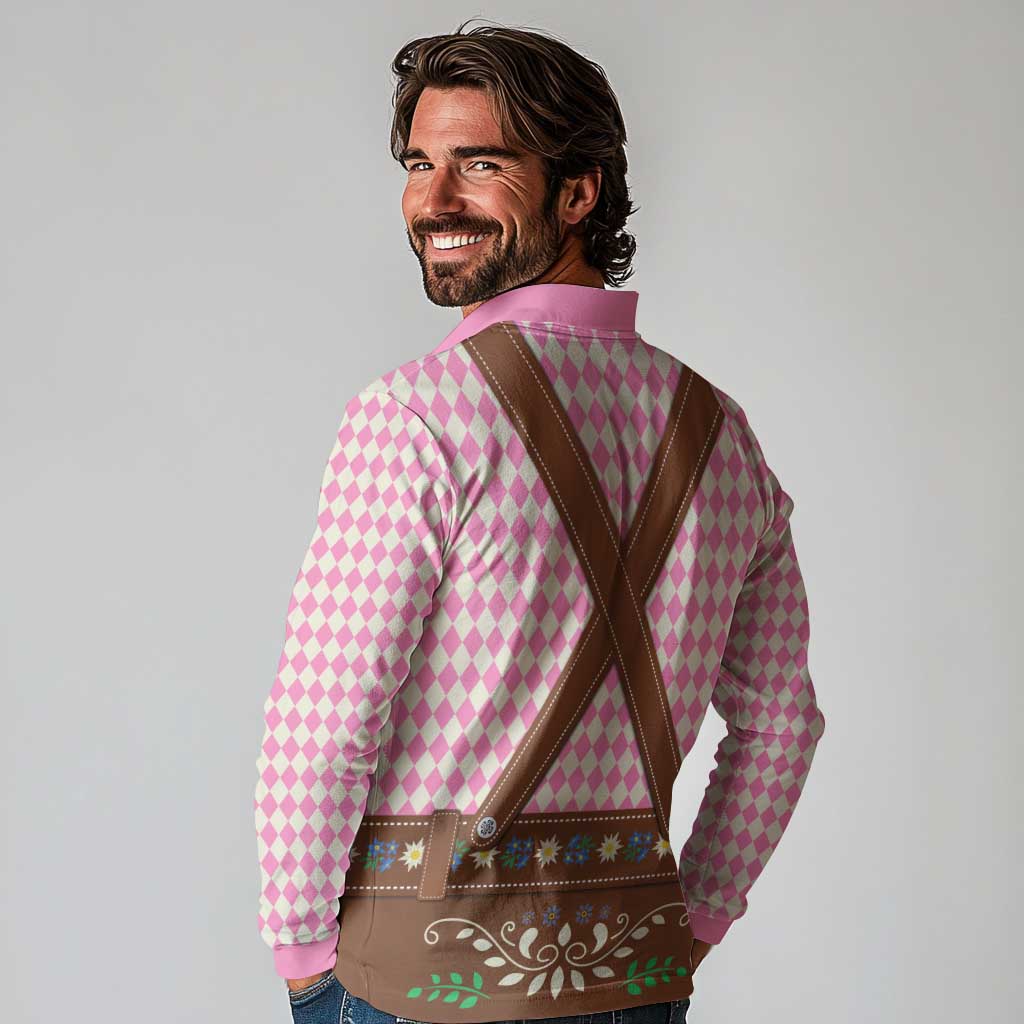 Lederhosen Oktoberfest Long Sleeve Polo Shirt Pink Edelweiss Floral Polka Dots - Wonder Print Shop