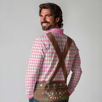 Lederhosen Oktoberfest Long Sleeve Polo Shirt Pink Edelweiss Floral Polka Dots - Wonder Print Shop