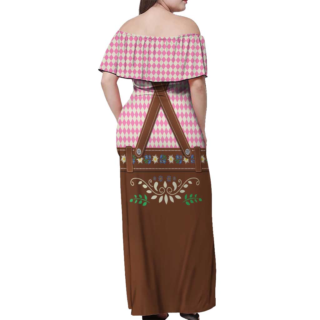 Lederhosen Oktoberfest Off Shoulder Maxi Dress Pink Edelweiss Floral Polka Dots - Wonder Print Shop
