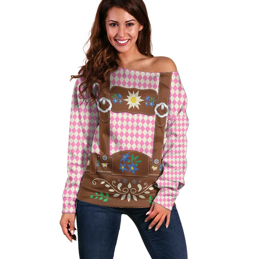 Lederhosen Oktoberfest Off Shoulder Sweater Pink Edelweiss Floral Polka Dots - Wonder Print Shop
