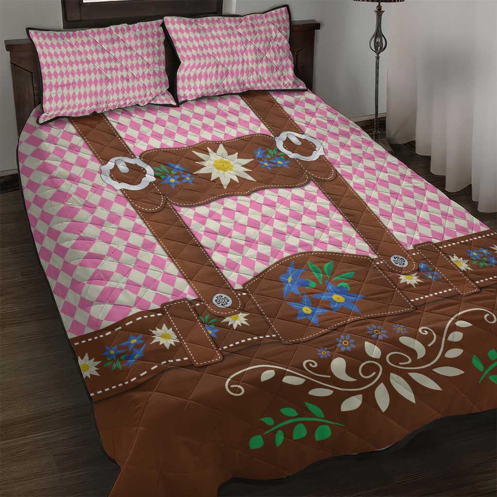 Lederhosen Oktoberfest Quilt Bed Set Pink Edelweiss Floral Polka Dots - Wonder Print Shop