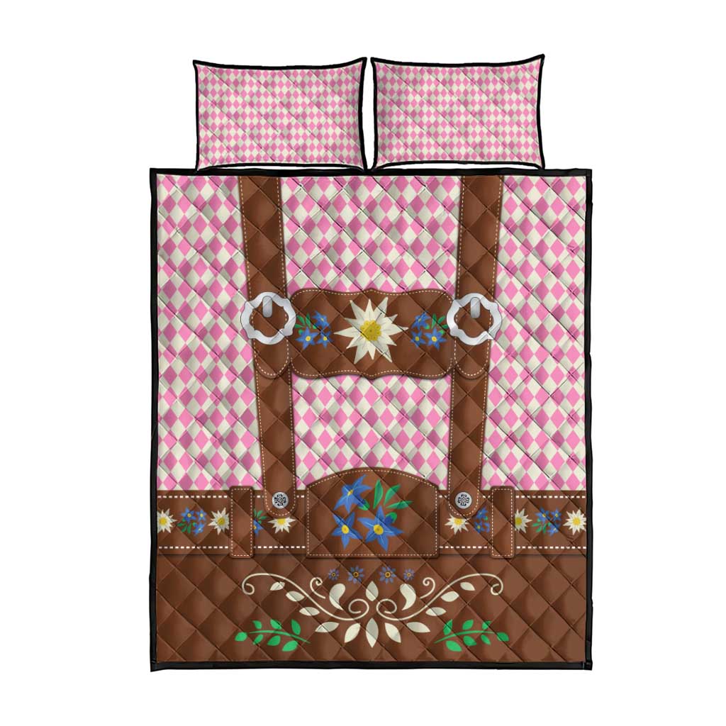 Lederhosen Oktoberfest Quilt Bed Set Pink Edelweiss Floral Polka Dots - Wonder Print Shop