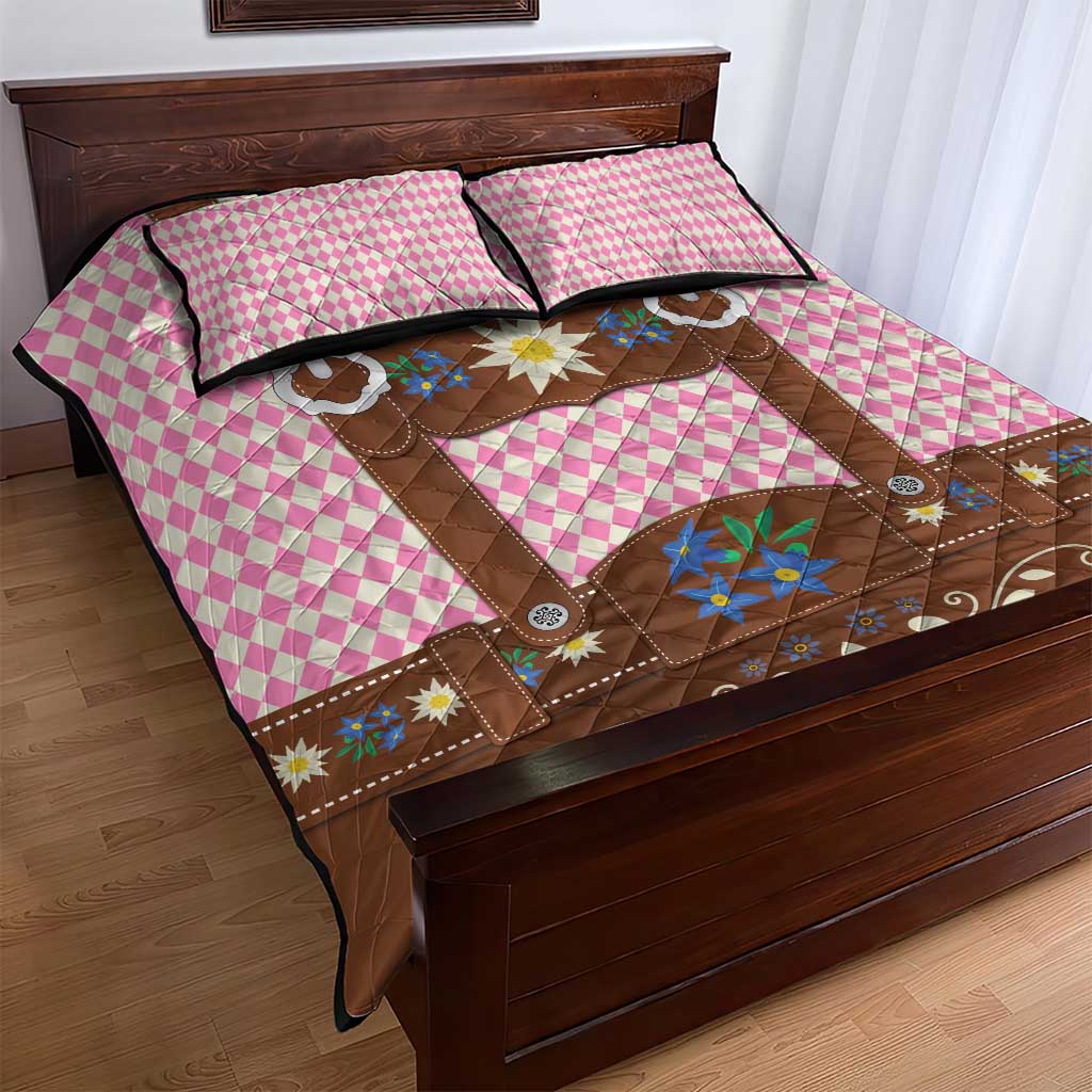 Lederhosen Oktoberfest Quilt Bed Set Pink Edelweiss Floral Polka Dots - Wonder Print Shop