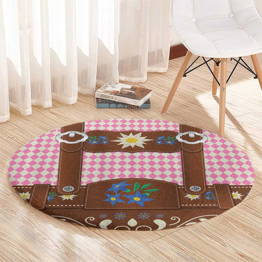 Lederhosen Oktoberfest Round Carpet Pink Edelweiss Floral Polka Dots - Wonder Print Shop