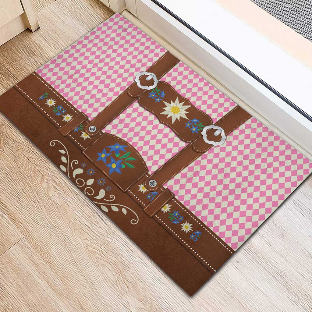 Lederhosen Oktoberfest Rubber Doormat Pink Edelweiss Floral Polka Dots - Wonder Print Shop