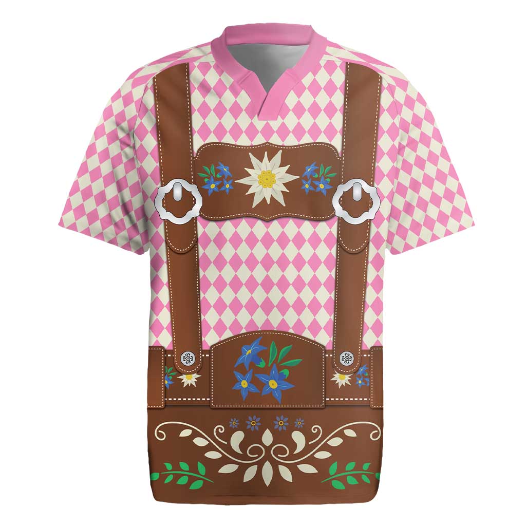 Lederhosen Oktoberfest Rugby Jersey Pink Edelweiss Floral Polka Dots - Wonder Print Shop