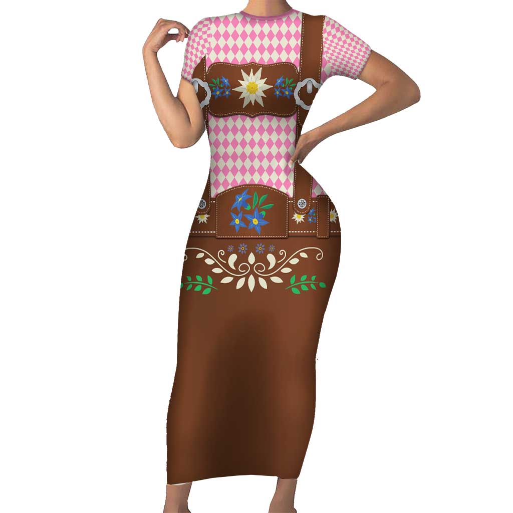 Lederhosen Oktoberfest Short Sleeve Bodycon Dress Pink Edelweiss Floral Polka Dots - Wonder Print Shop