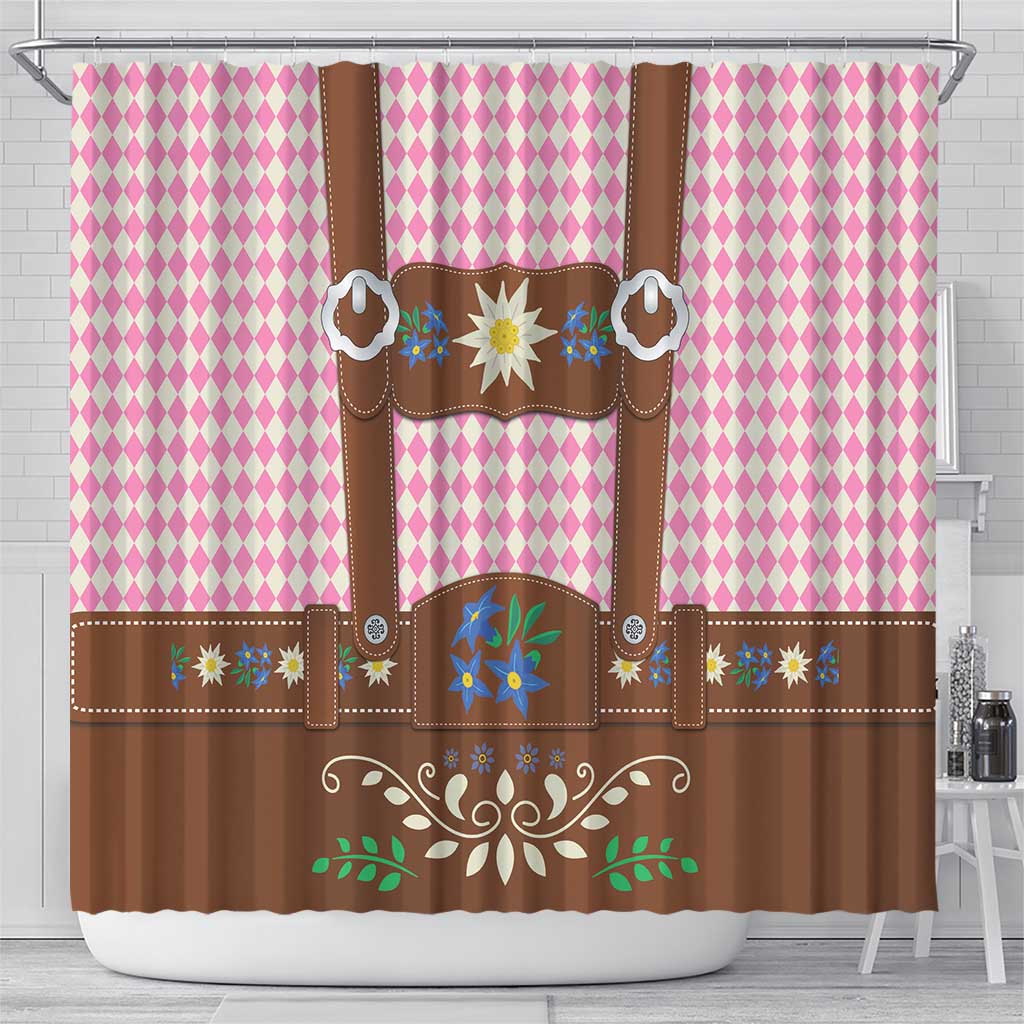 Lederhosen Oktoberfest Shower Curtain Pink Edelweiss Floral Polka Dots - Wonder Print Shop