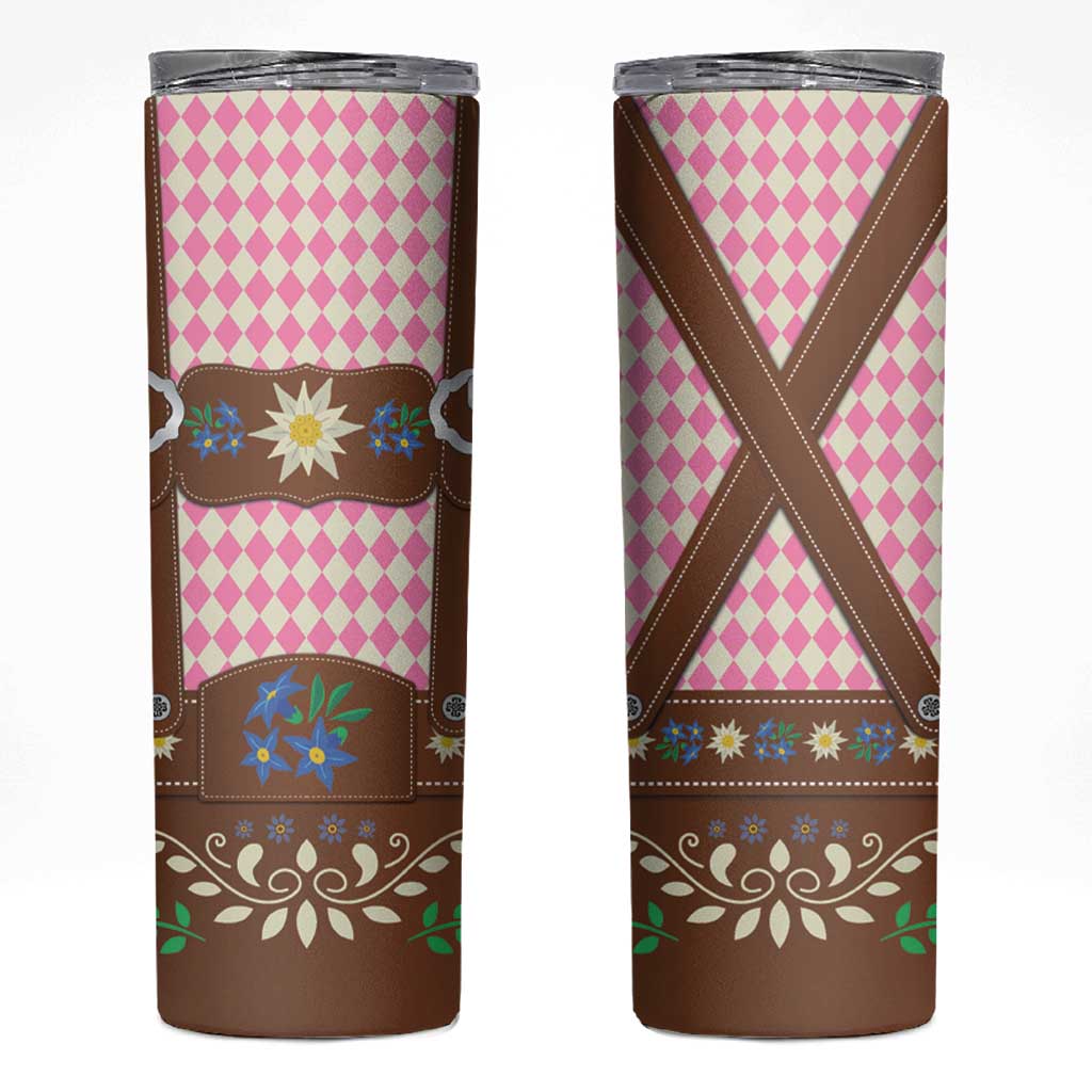 Lederhosen Oktoberfest Skinny Tumbler Pink Edelweiss Floral Polka Dots - Wonder Print Shop