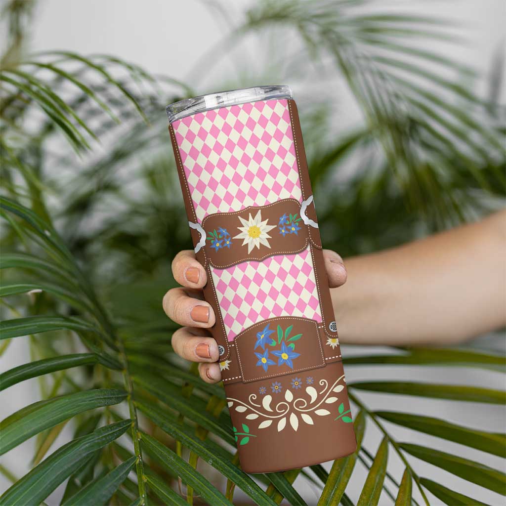 Lederhosen Oktoberfest Skinny Tumbler Pink Edelweiss Floral Polka Dots - Wonder Print Shop
