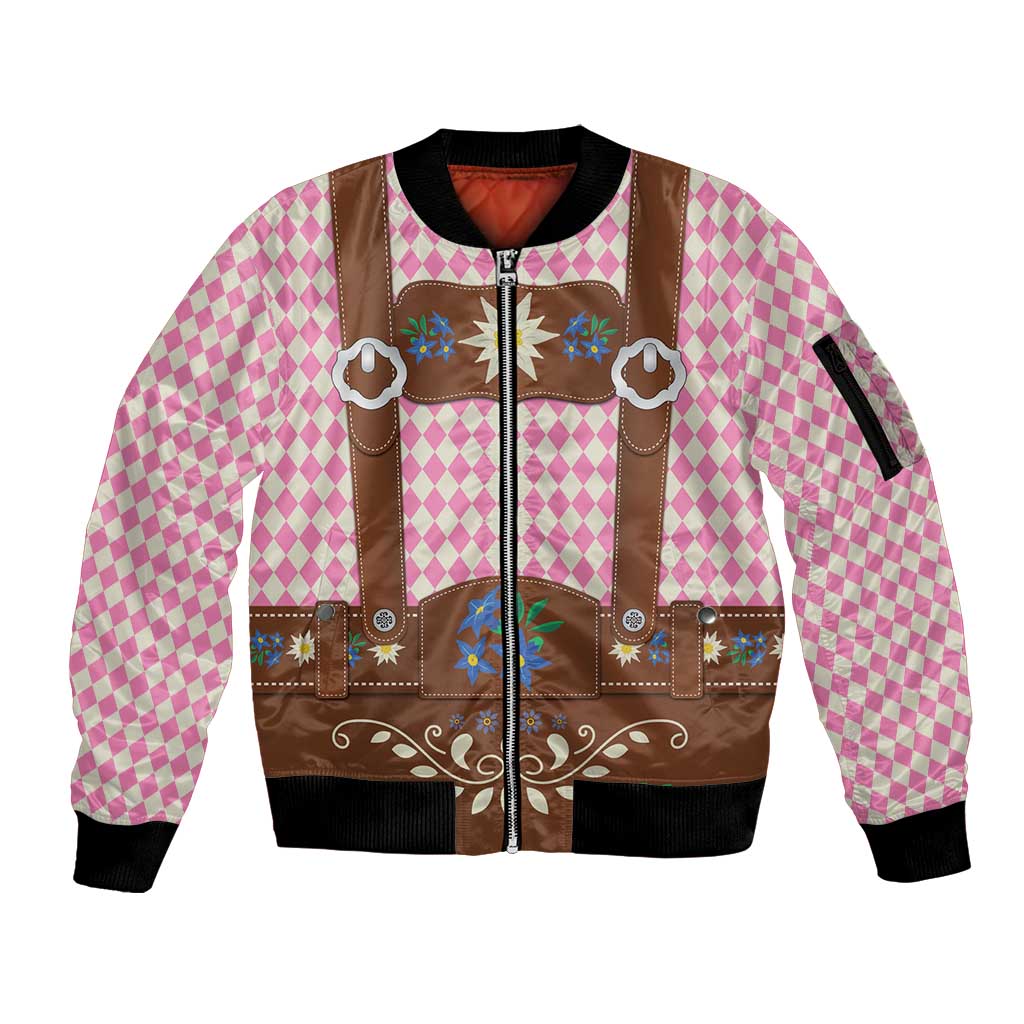 Lederhosen Oktoberfest Sleeve Zip Bomber Jacket Pink Edelweiss Floral Polka Dots - Wonder Print Shop