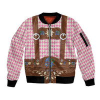 Lederhosen Oktoberfest Sleeve Zip Bomber Jacket Pink Edelweiss Floral Polka Dots - Wonder Print Shop