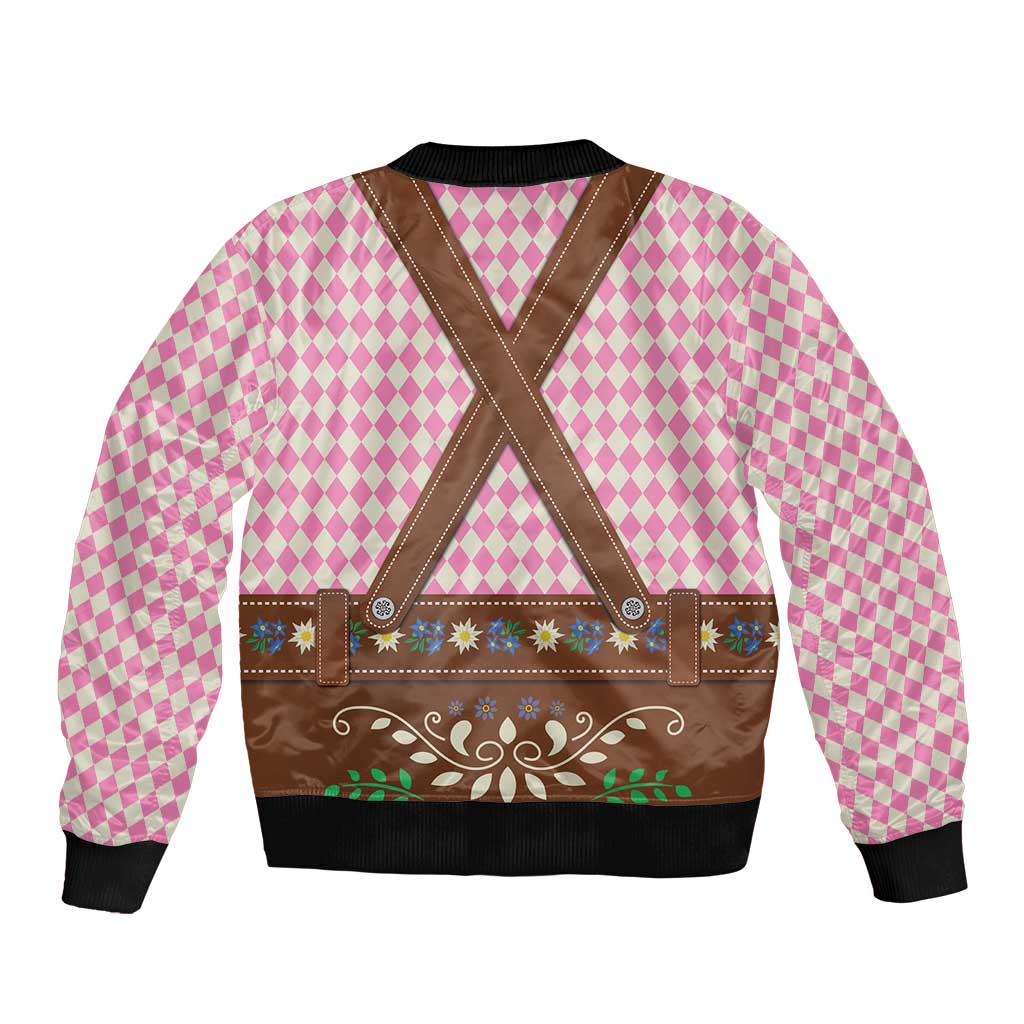 Lederhosen Oktoberfest Sleeve Zip Bomber Jacket Pink Edelweiss Floral Polka Dots - Wonder Print Shop