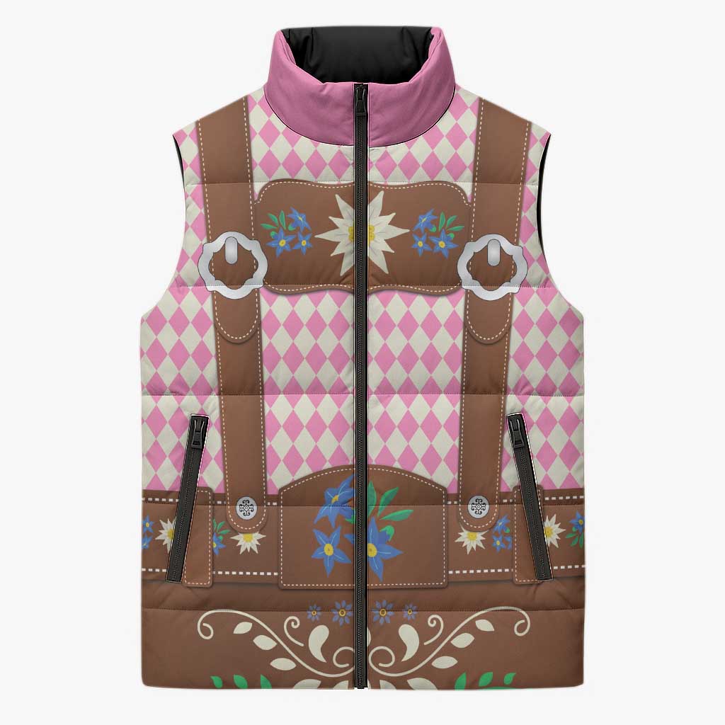 Lederhosen Oktoberfest Sleeveless Puffer Jacket Pink Edelweiss Floral Polka Dots - Wonder Print Shop
