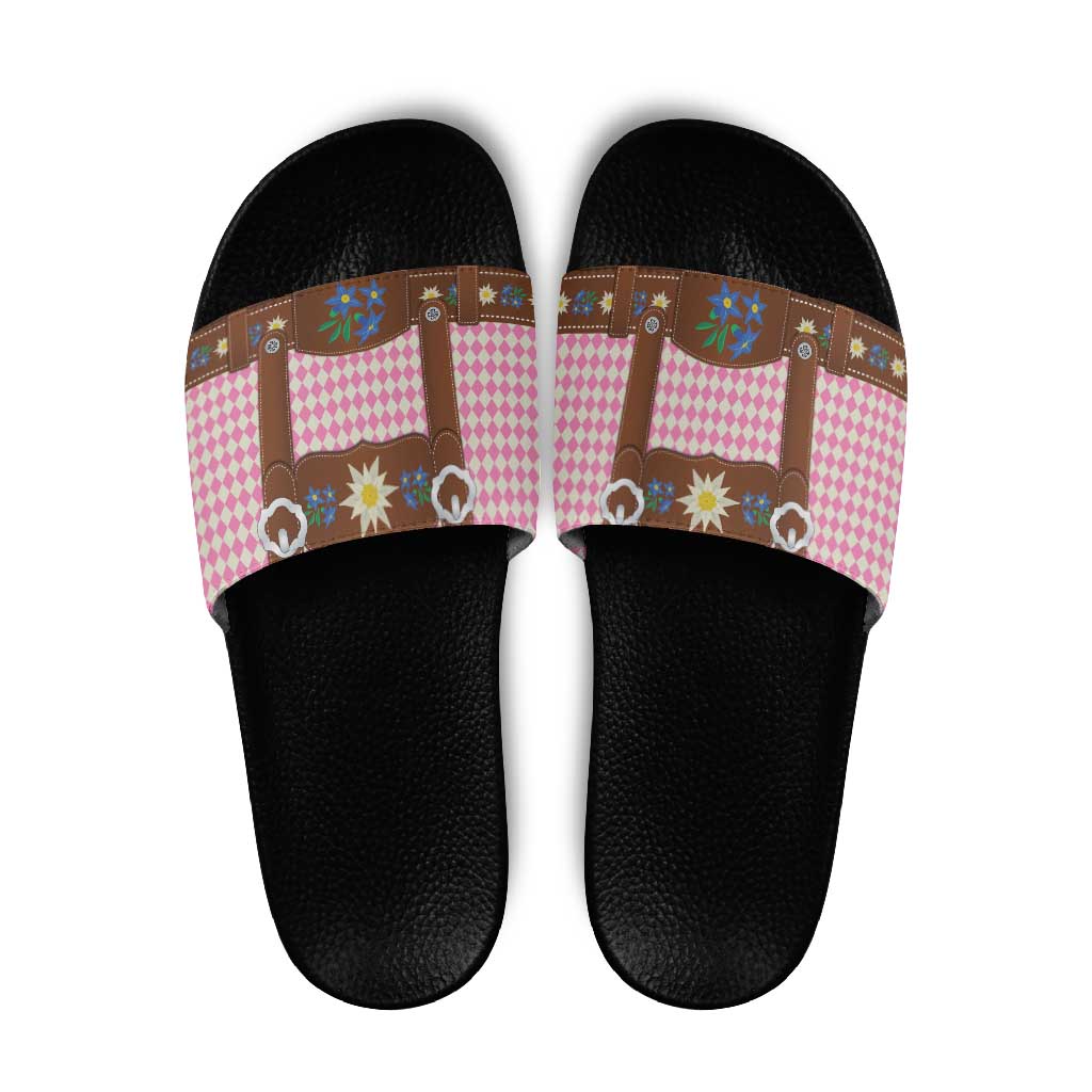 Lederhosen Oktoberfest Slide Sandals Pink Edelweiss Floral Polka Dots - Wonder Print Shop