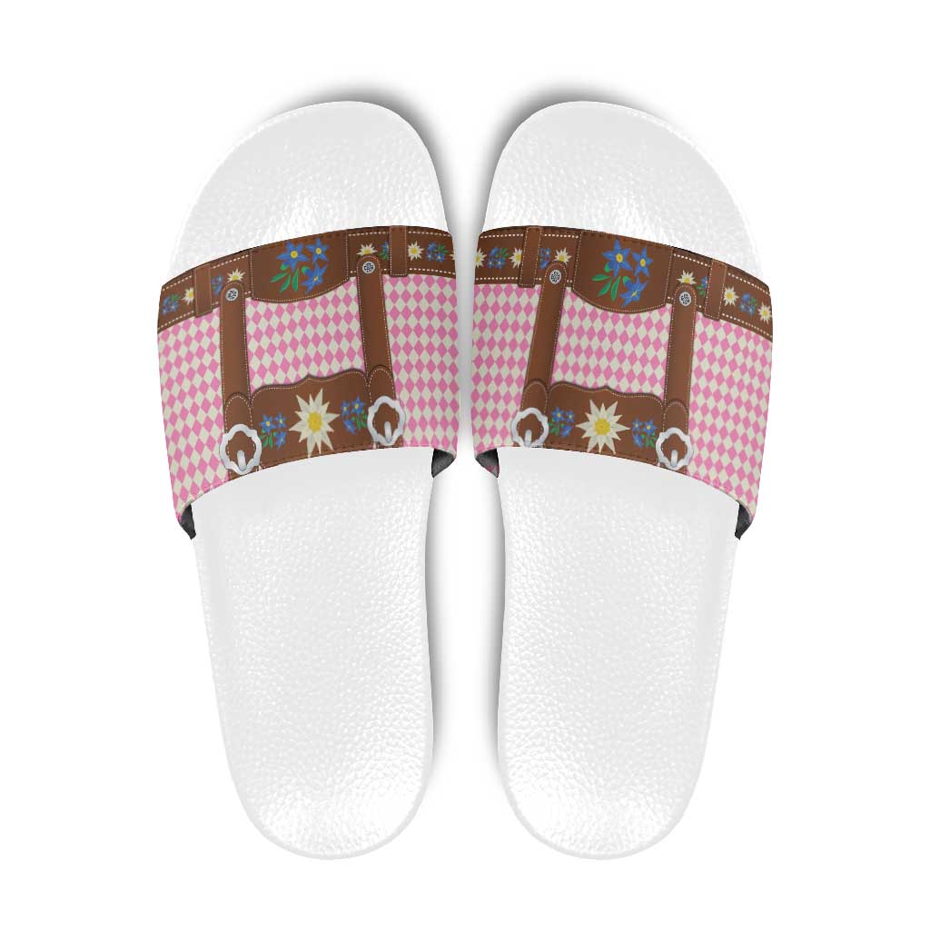 Lederhosen Oktoberfest Slide Sandals Pink Edelweiss Floral Polka Dots - Wonder Print Shop