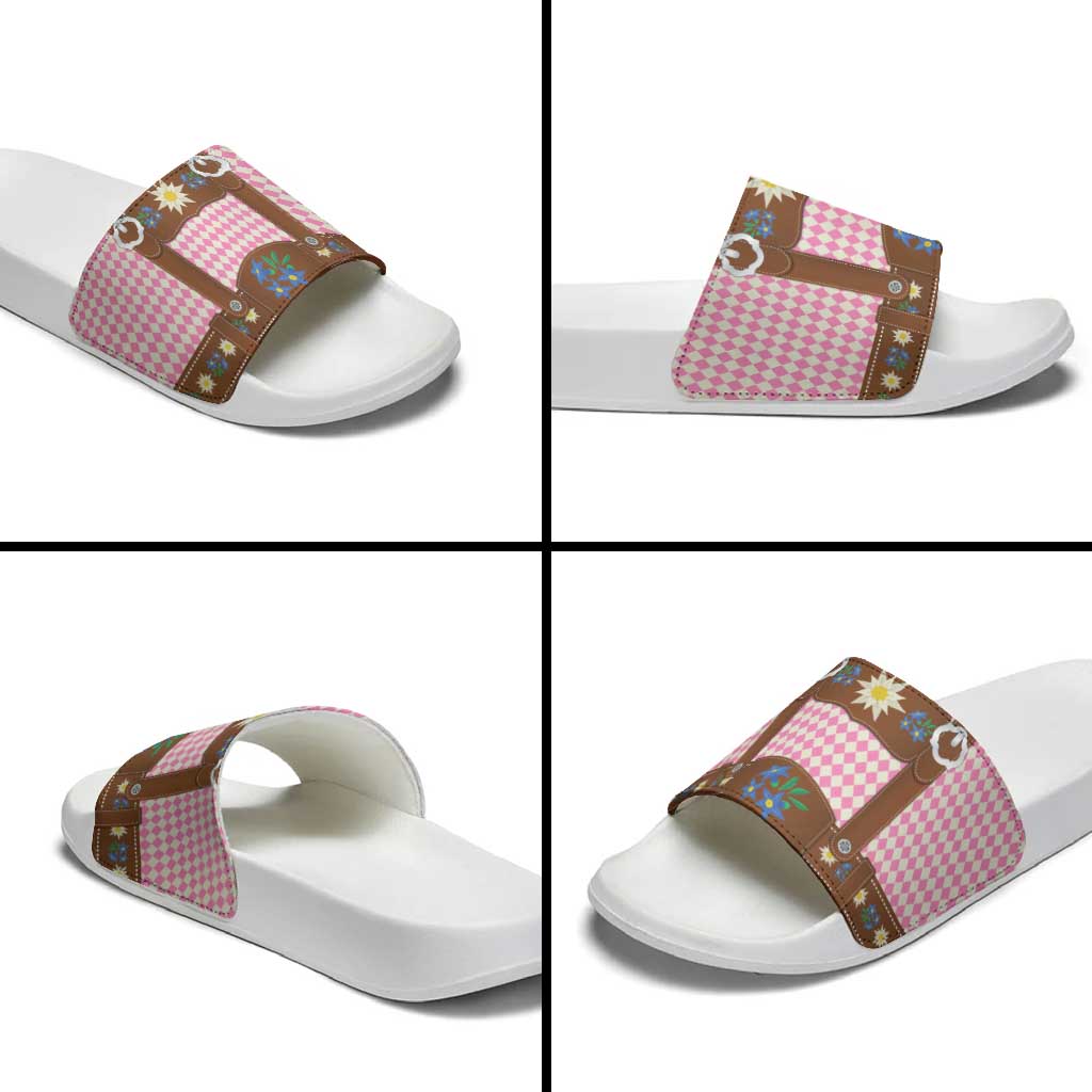 Lederhosen Oktoberfest Slide Sandals Pink Edelweiss Floral Polka Dots - Wonder Print Shop