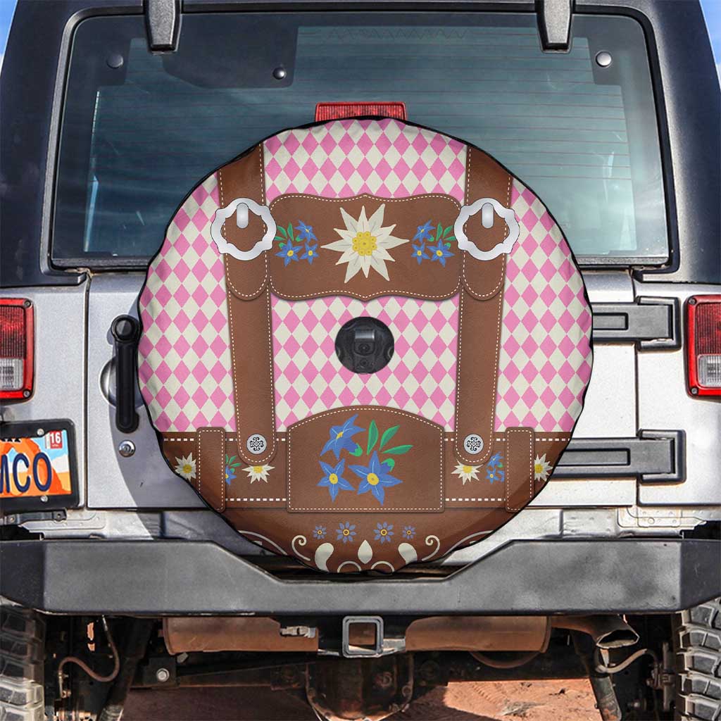 Lederhosen Oktoberfest Spare Tire Cover Pink Edelweiss Floral Polka Dots - Wonder Print Shop