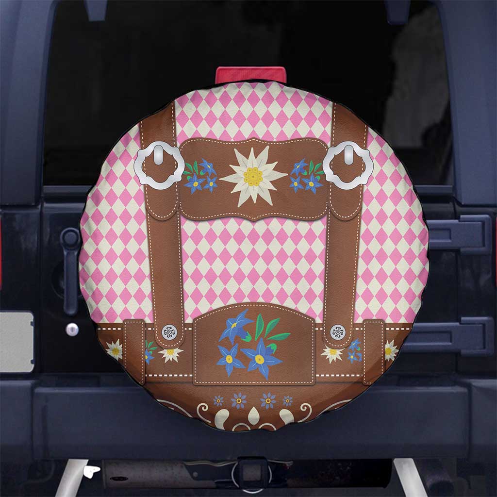 Lederhosen Oktoberfest Spare Tire Cover Pink Edelweiss Floral Polka Dots - Wonder Print Shop