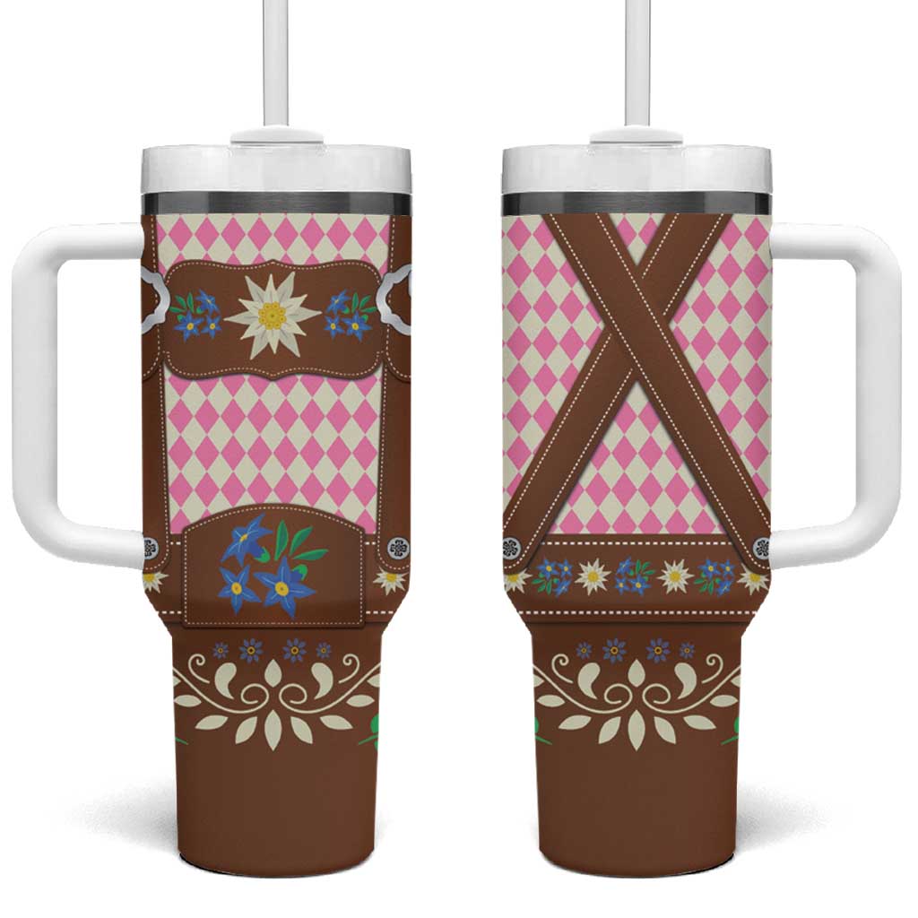 Lederhosen Oktoberfest Tumbler With Handle Pink Edelweiss Floral Polka Dots - Wonder Print Shop