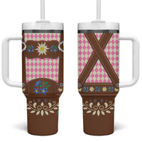 Lederhosen Oktoberfest Tumbler With Handle Pink Edelweiss Floral Polka Dots - Wonder Print Shop
