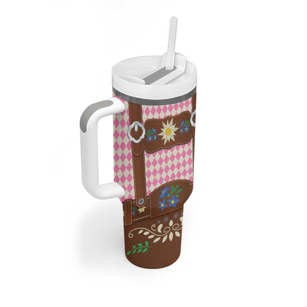 Lederhosen Oktoberfest Tumbler With Handle Pink Edelweiss Floral Polka Dots - Wonder Print Shop