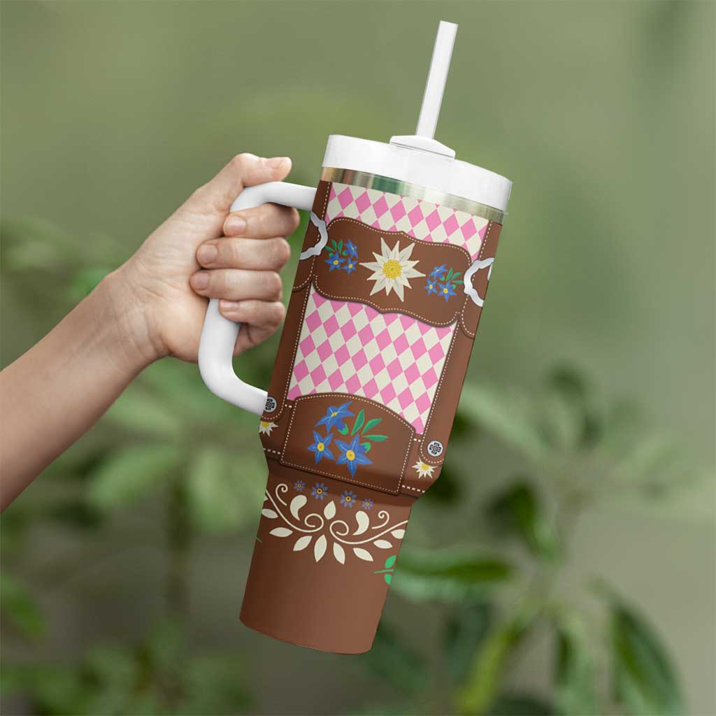 Lederhosen Oktoberfest Tumbler With Handle Pink Edelweiss Floral Polka Dots - Wonder Print Shop