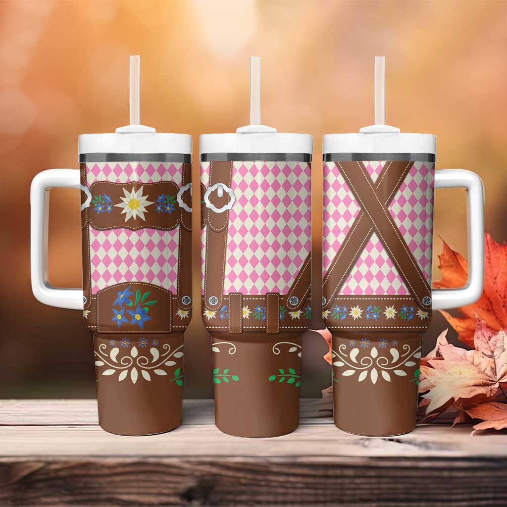 Lederhosen Oktoberfest Tumbler With Handle Pink Edelweiss Floral Polka Dots - Wonder Print Shop
