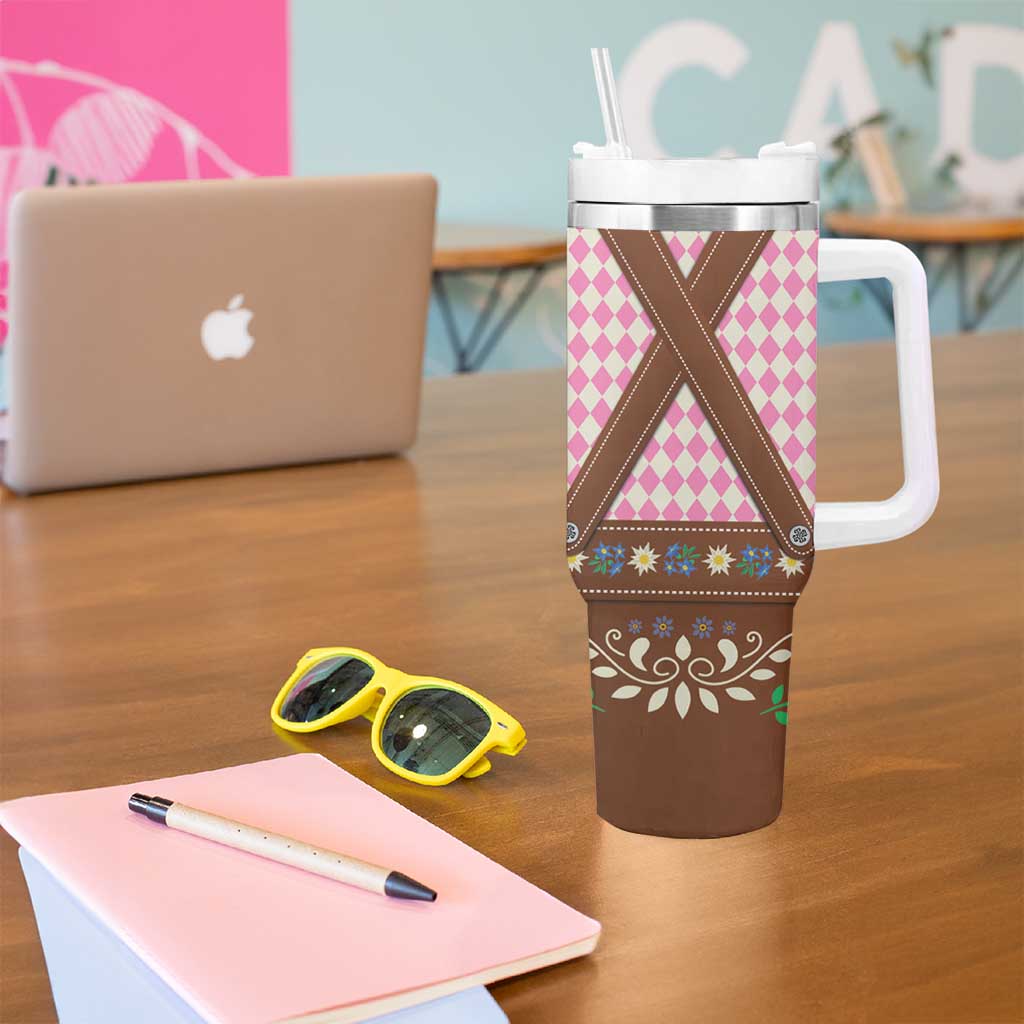 Lederhosen Oktoberfest Tumbler With Handle Pink Edelweiss Floral Polka Dots - Wonder Print Shop