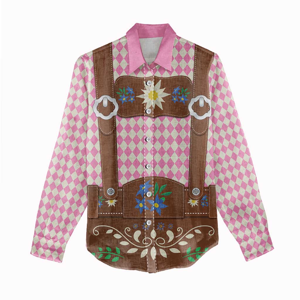 Lederhosen Oktoberfest Women Casual Shirt Pink Edelweiss Floral Polka Dots - Wonder Print Shop