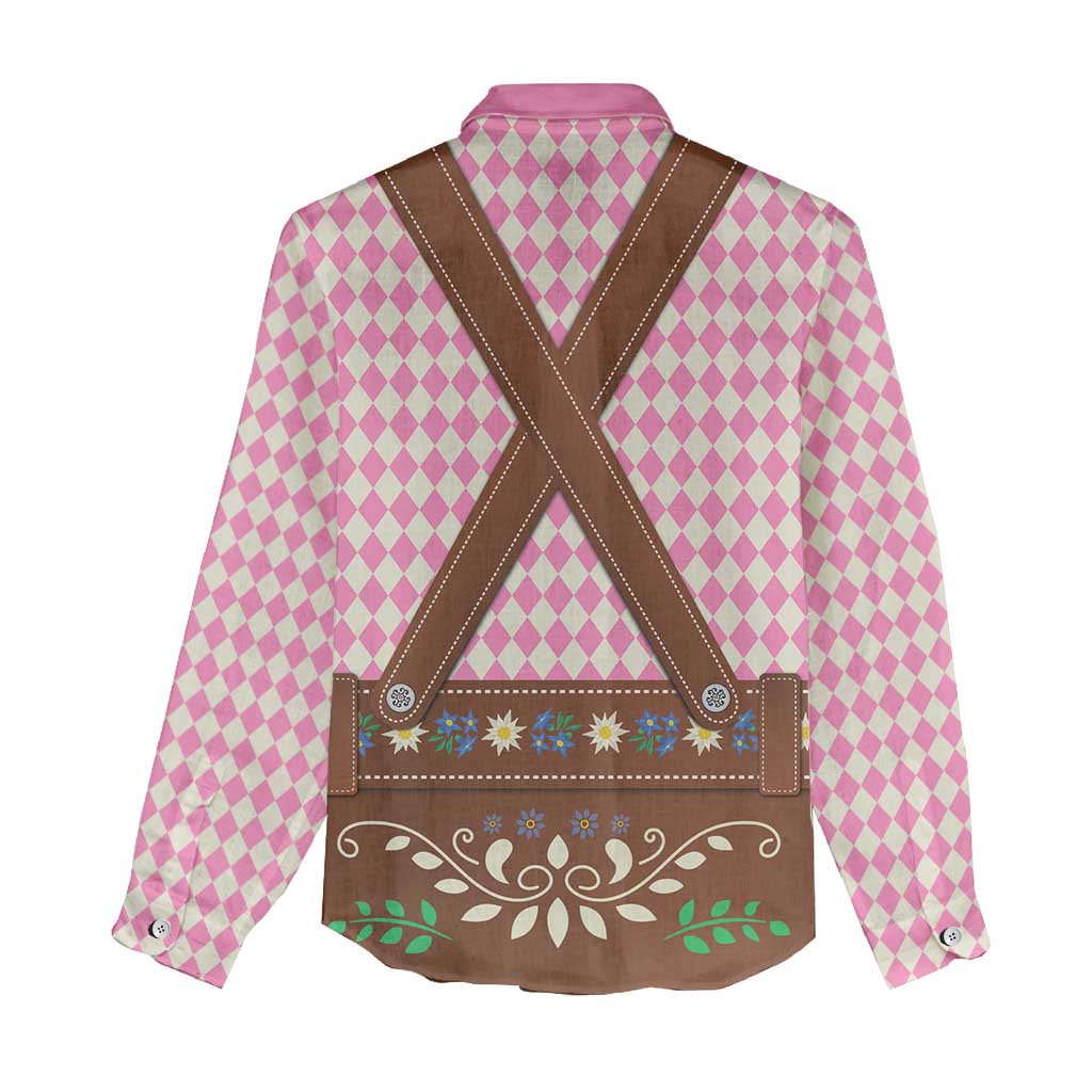 Lederhosen Oktoberfest Women Casual Shirt Pink Edelweiss Floral Polka Dots - Wonder Print Shop