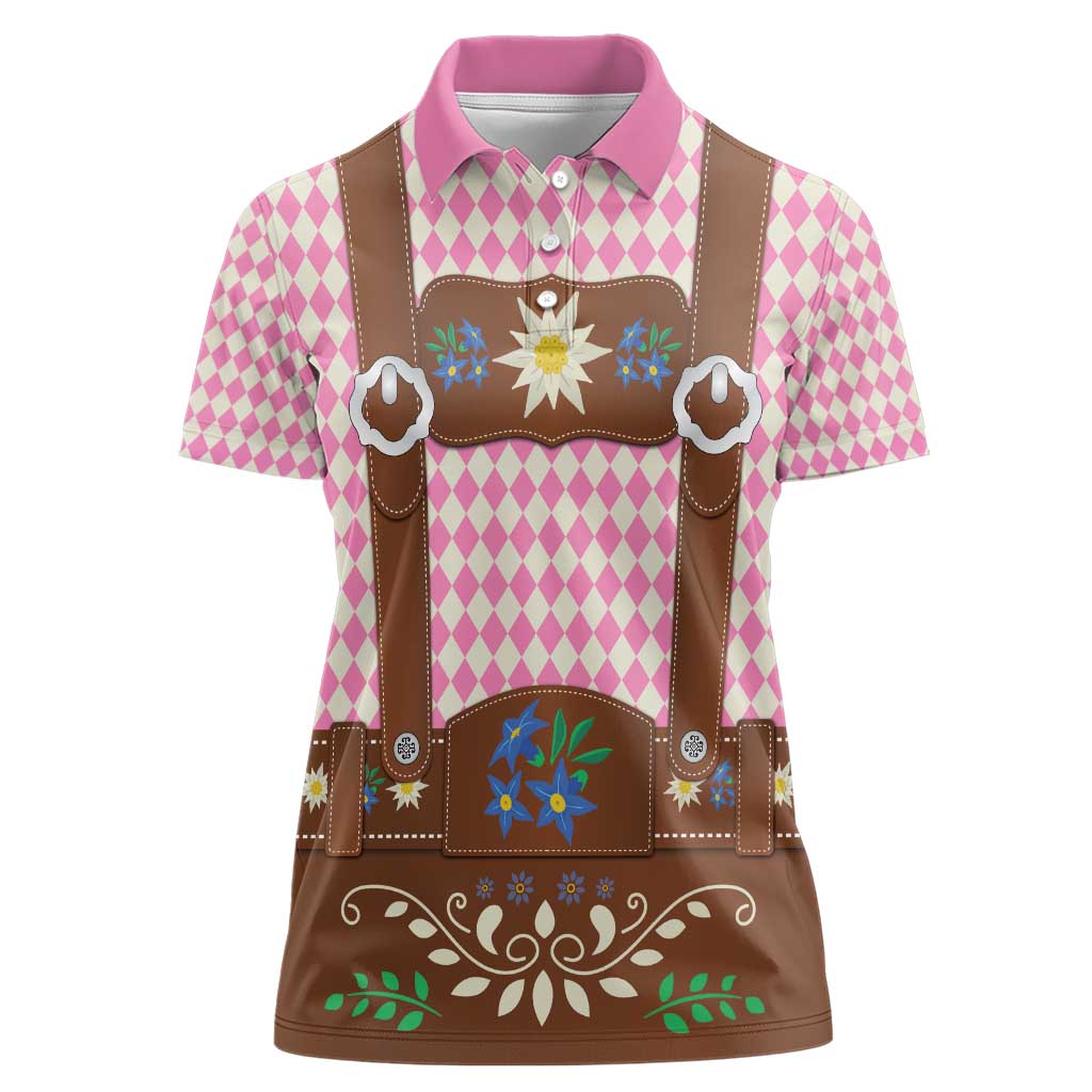 Lederhosen Oktoberfest Women Polo Shirt Pink Edelweiss Floral Polka Dots - Wonder Print Shop