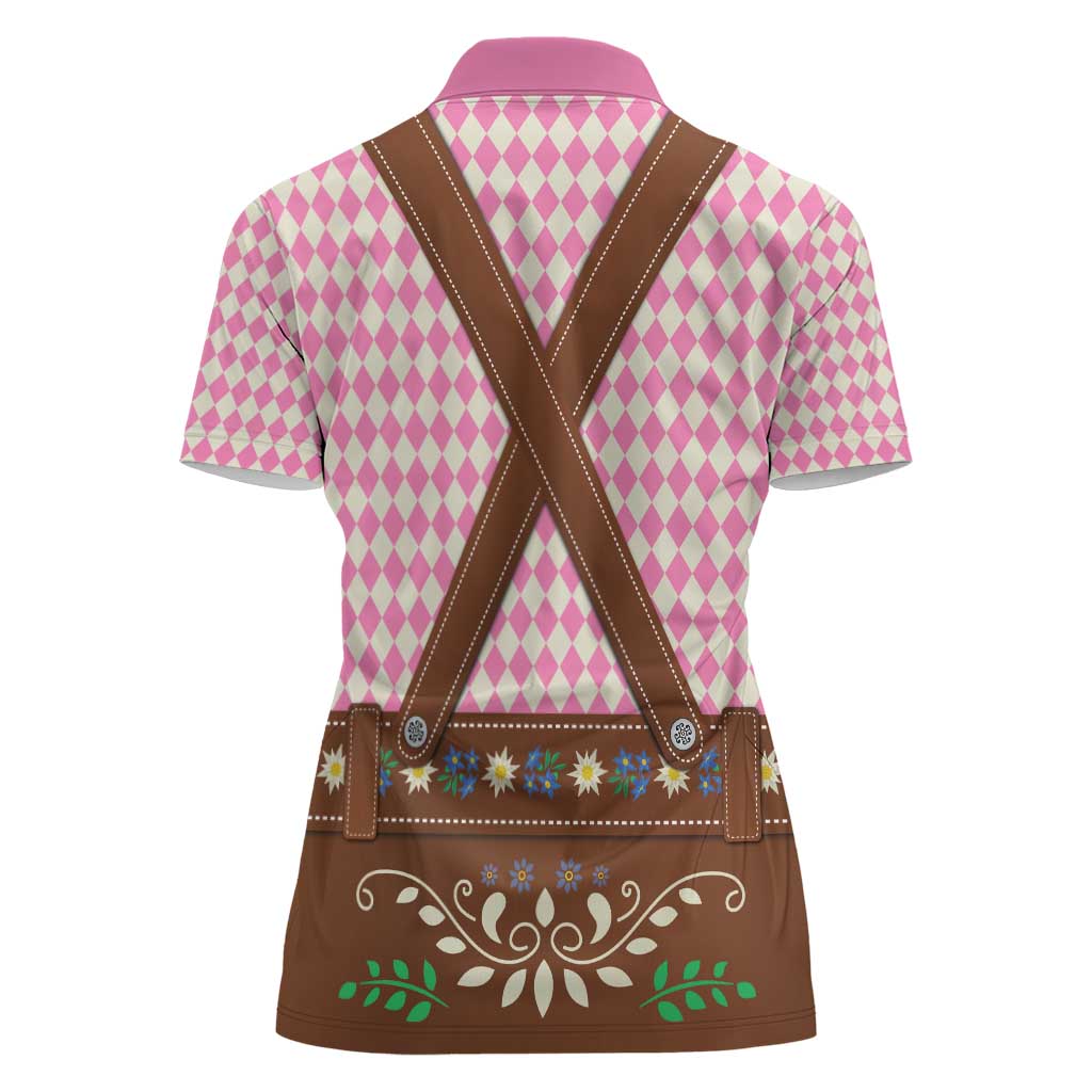 Lederhosen Oktoberfest Women Polo Shirt Pink Edelweiss Floral Polka Dots - Wonder Print Shop