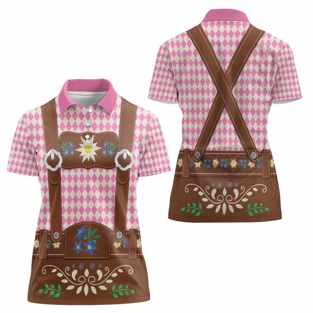 Lederhosen Oktoberfest Women Polo Shirt Pink Edelweiss Floral Polka Dots - Wonder Print Shop