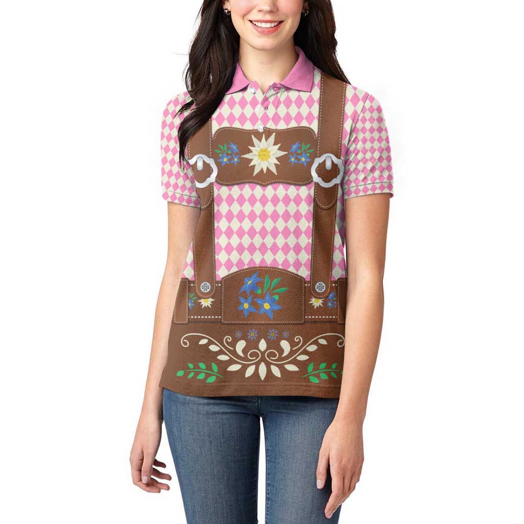 Lederhosen Oktoberfest Women Polo Shirt Pink Edelweiss Floral Polka Dots - Wonder Print Shop