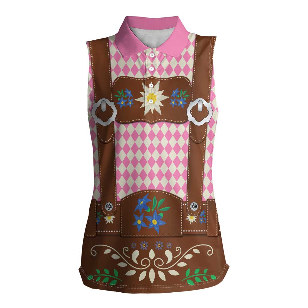 Lederhosen Oktoberfest Women Sleeveless Polo Shirt Pink Edelweiss Floral Polka Dots - Wonder Print Shop