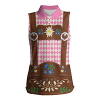 Lederhosen Oktoberfest Women Sleeveless Polo Shirt Pink Edelweiss Floral Polka Dots - Wonder Print Shop