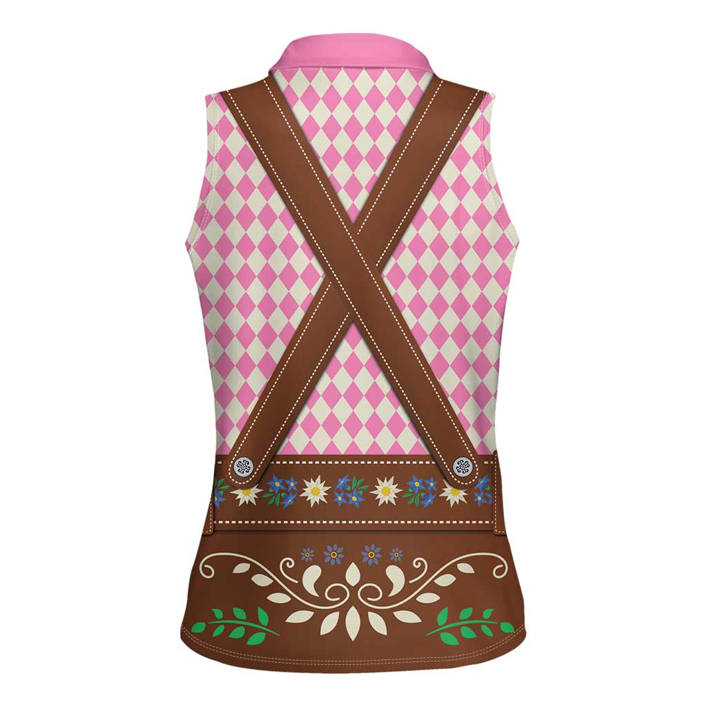 Lederhosen Oktoberfest Women Sleeveless Polo Shirt Pink Edelweiss Floral Polka Dots - Wonder Print Shop