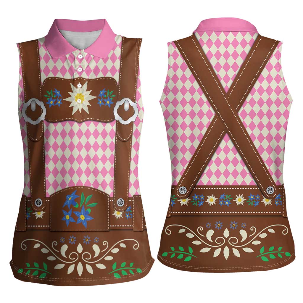 Lederhosen Oktoberfest Women Sleeveless Polo Shirt Pink Edelweiss Floral Polka Dots - Wonder Print Shop