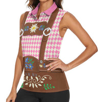 Lederhosen Oktoberfest Women Sleeveless Polo Shirt Pink Edelweiss Floral Polka Dots - Wonder Print Shop