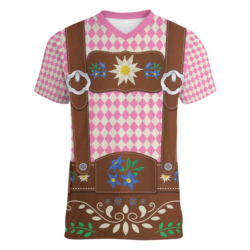 Lederhosen Oktoberfest Women V-Neck T-Shirt Pink Edelweiss Floral Polka Dots - Wonder Print Shop