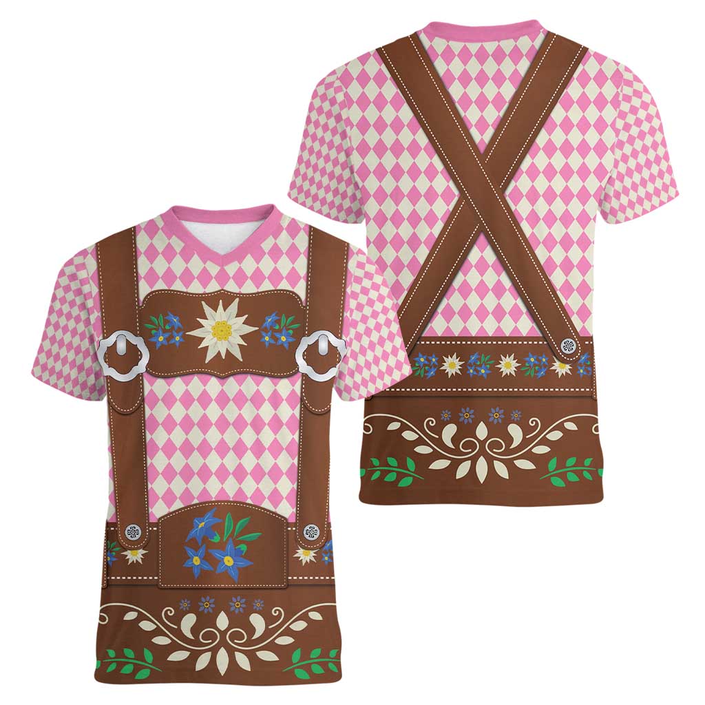 Lederhosen Oktoberfest Women V-Neck T-Shirt Pink Edelweiss Floral Polka Dots - Wonder Print Shop