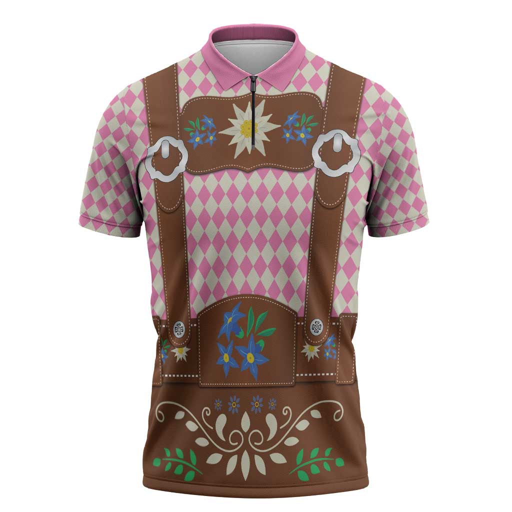 Lederhosen Oktoberfest Zipper Polo Shirt Pink Edelweiss Floral Polka Dots - Wonder Print Shop