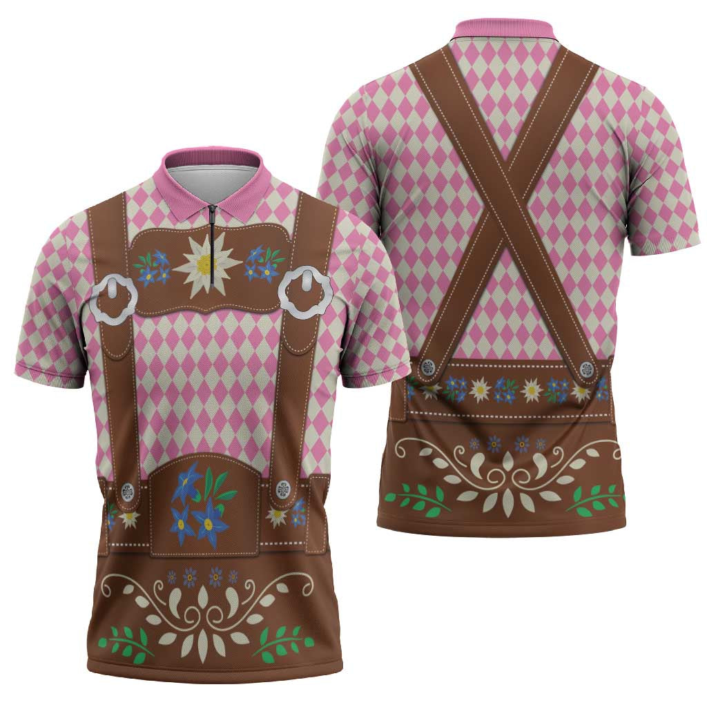 Lederhosen Oktoberfest Zipper Polo Shirt Pink Edelweiss Floral Polka Dots - Wonder Print Shop