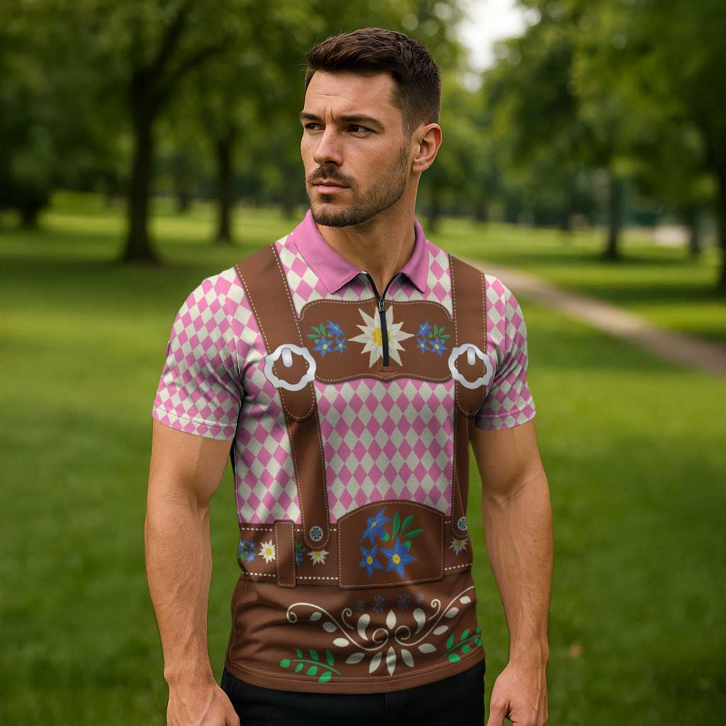 Lederhosen Oktoberfest Zipper Polo Shirt Pink Edelweiss Floral Polka Dots - Wonder Print Shop