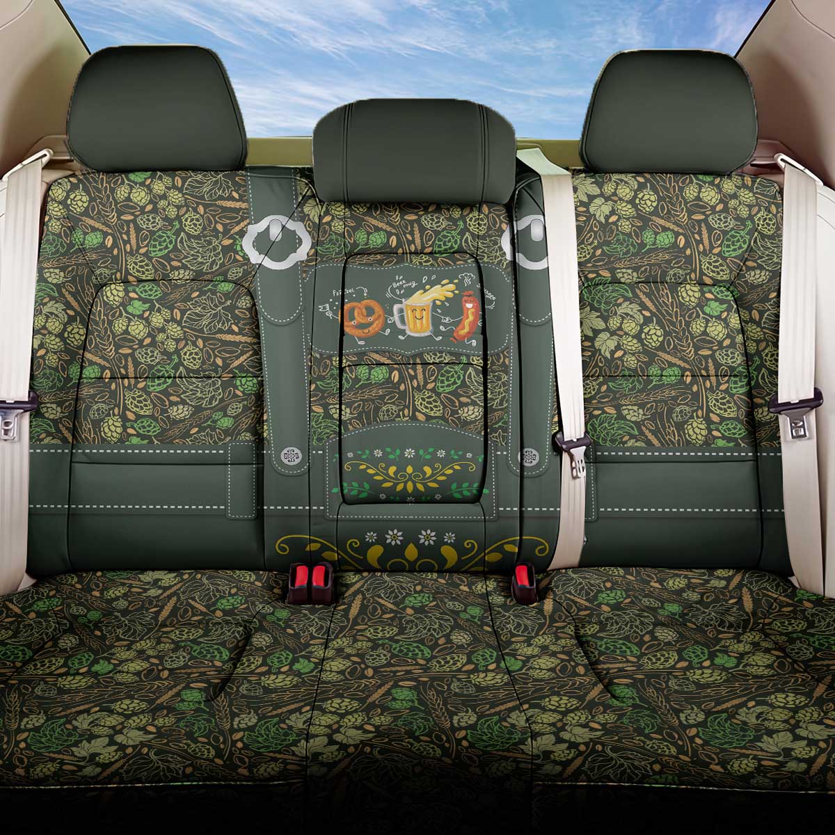 Lederhosen Oktoberfest Back Car Seat Cover Hops And Malt Pattern - Wonder Print Shop